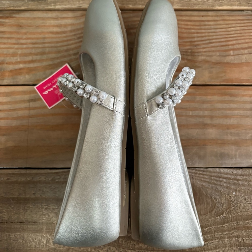 Nina Girl's Silver Leather Kid's Flat Dress Shoe Pearl Beaded Strap NEW Size 3M - Picture 6 of 10